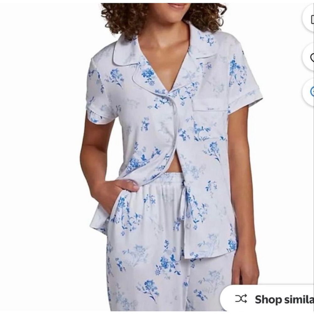 LOFT white Floral Modal Notch Collar Capri Pajama Sleep PJ 2pc Set Small NEW